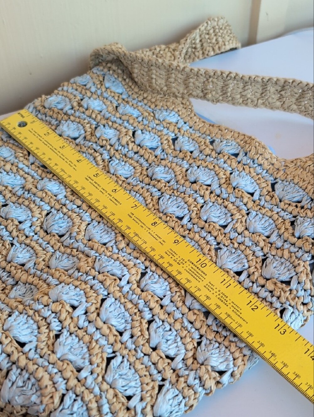 Woven Shoulder Bucket Bag in Natural and Light Blue - Picture 7 of 7